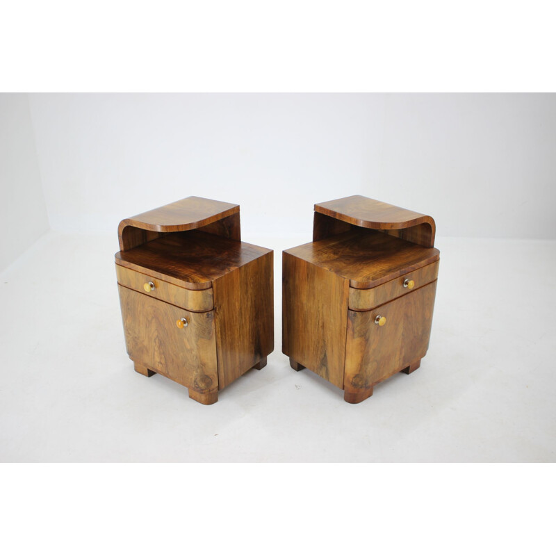 Pair of vintage walnut Art deco night stands, Czechoslovakia 1940s