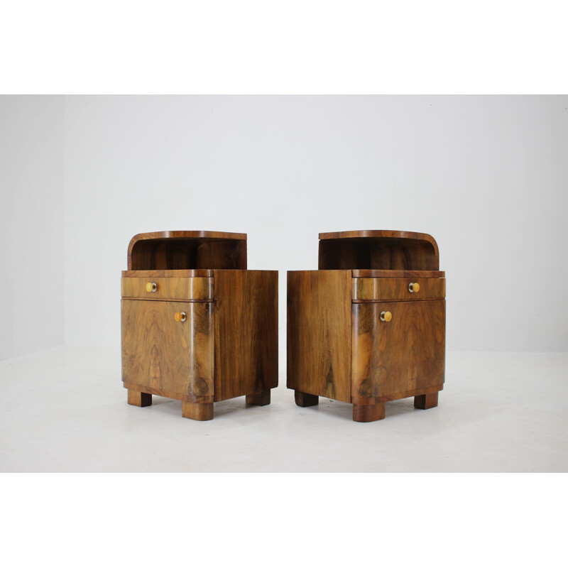 Pair of vintage walnut Art deco night stands, Czechoslovakia 1940s