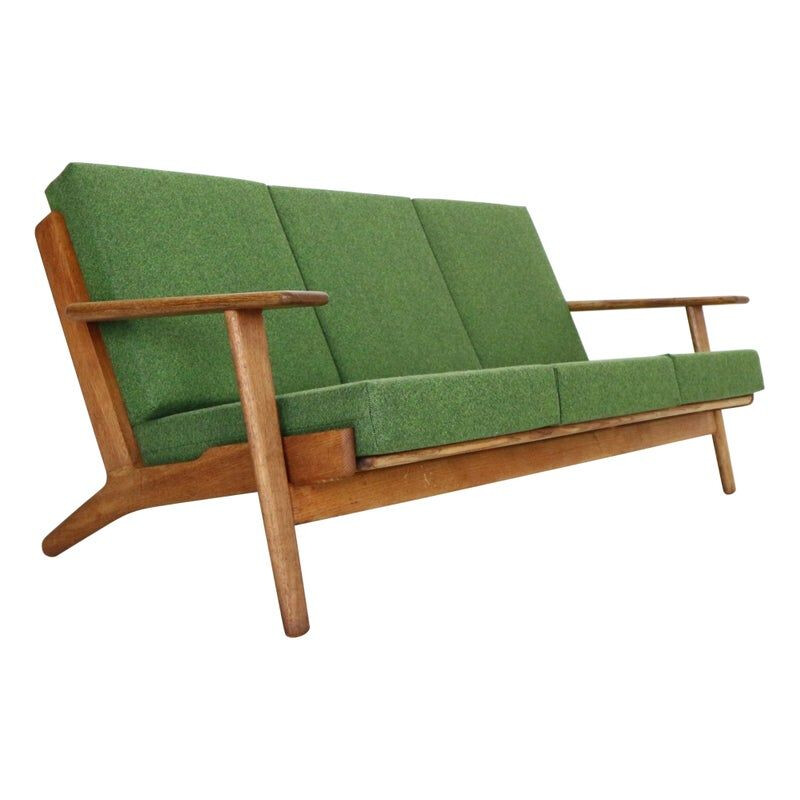 Vintage oakwood & green new reupholstery 3-seater sofa by Hans J. Wegner, Denmark 1960s