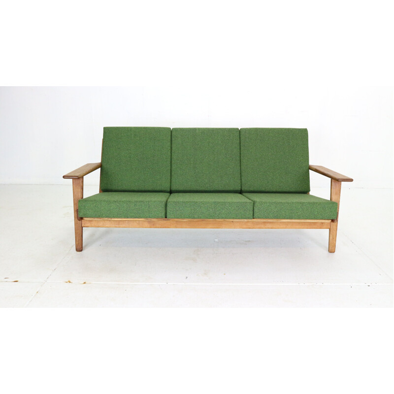 Vintage oakwood & green new reupholstery 3-seater sofa by Hans J. Wegner, Denmark 1960s