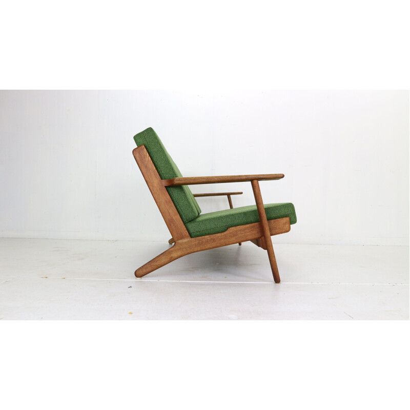 Vintage oakwood & green new reupholstery 3-seater sofa by Hans J. Wegner, Denmark 1960s