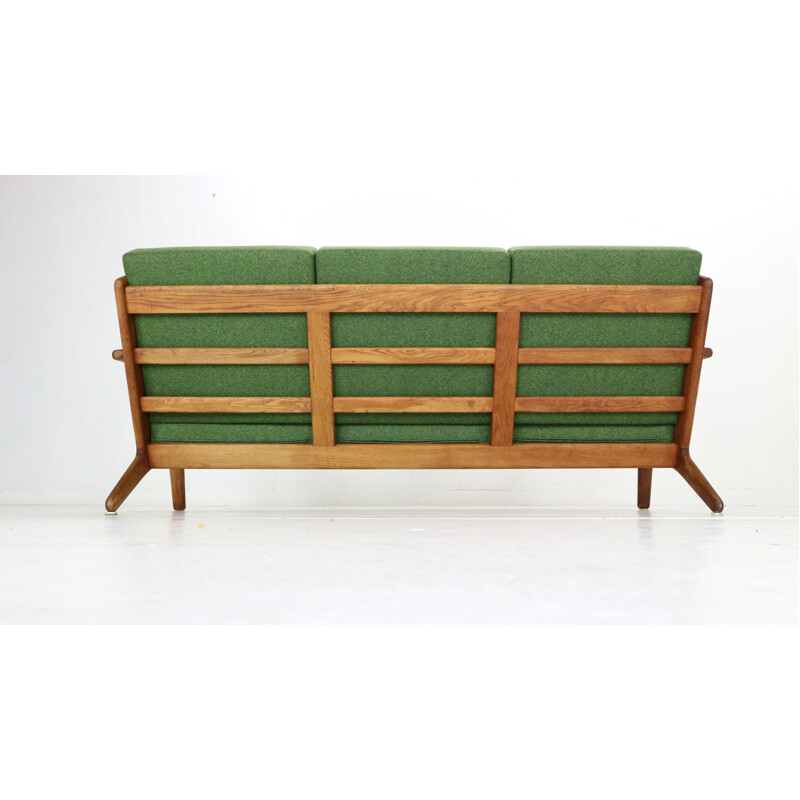 Vintage oakwood & green new reupholstery 3-seater sofa by Hans J. Wegner, Denmark 1960s