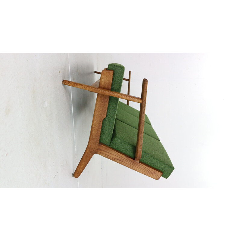 Vintage oakwood & green new reupholstery 3-seater sofa by Hans J. Wegner, Denmark 1960s