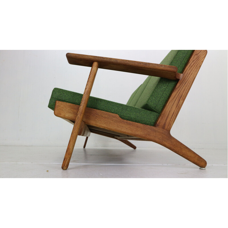 Vintage oakwood & green new reupholstery 3-seater sofa by Hans J. Wegner, Denmark 1960s