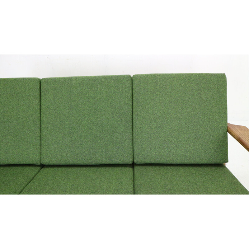 Vintage oakwood & green new reupholstery 3-seater sofa by Hans J. Wegner, Denmark 1960s