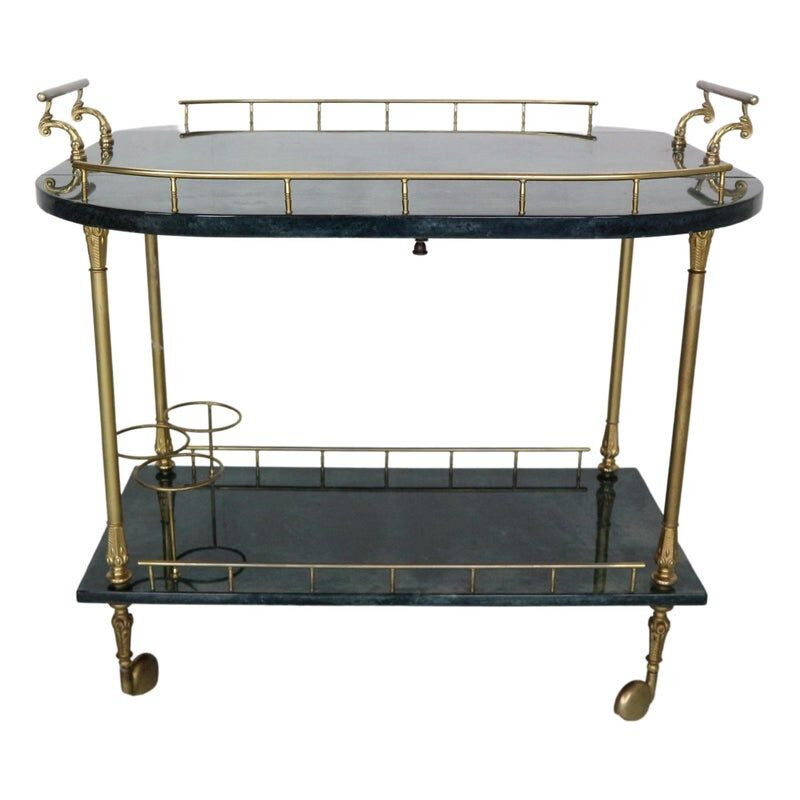 Vintage green lacquered goat skin & brass bar trolley by Aldo Tura, Italy 1950s