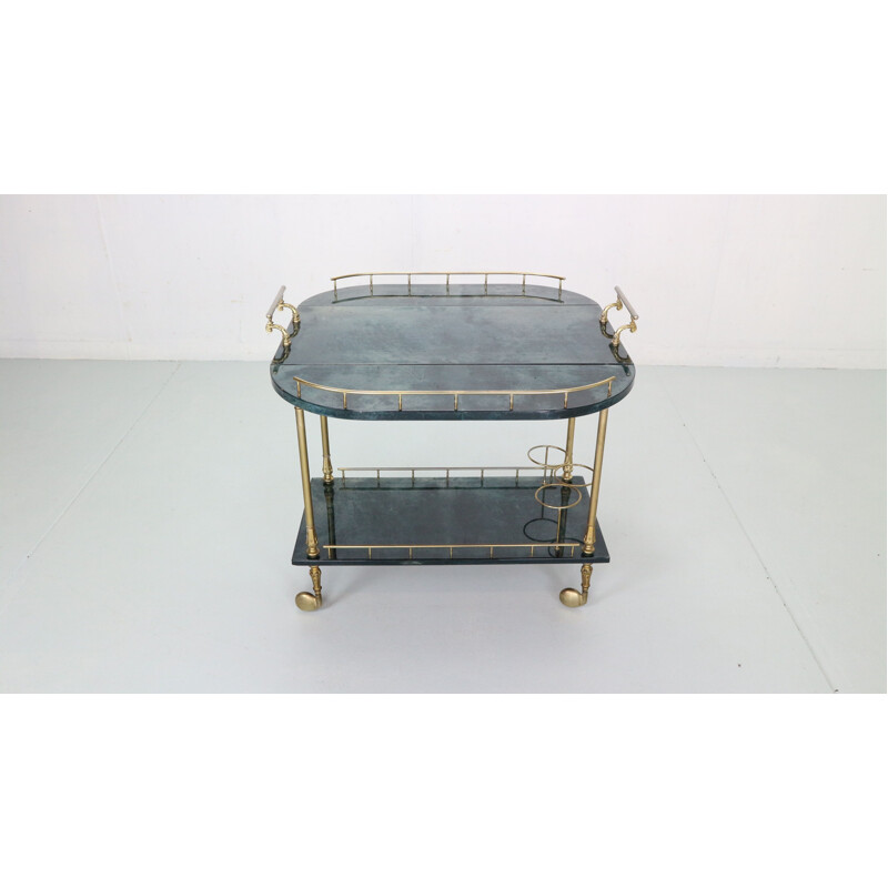 Vintage green lacquered goat skin & brass bar trolley by Aldo Tura, Italy 1950s