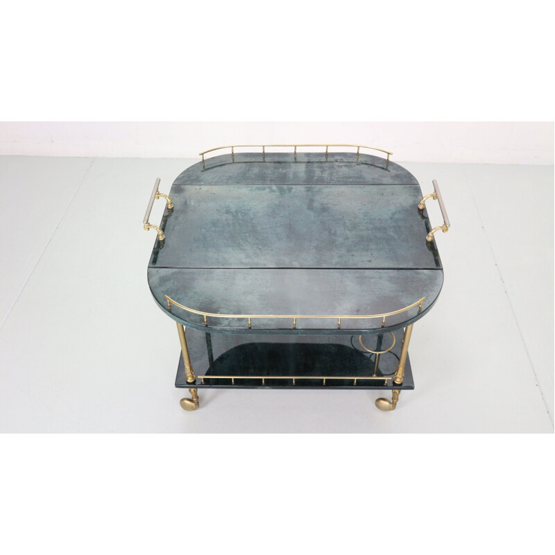 Vintage green lacquered goat skin & brass bar trolley by Aldo Tura, Italy 1950s