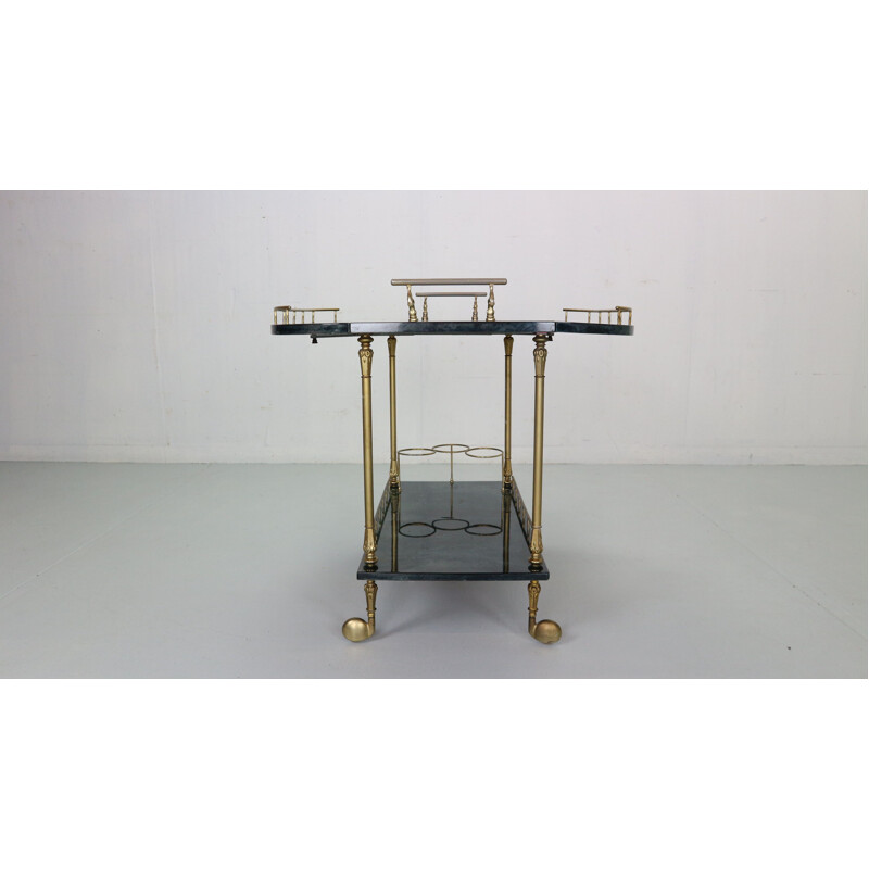 Vintage green lacquered goat skin & brass bar trolley by Aldo Tura, Italy 1950s