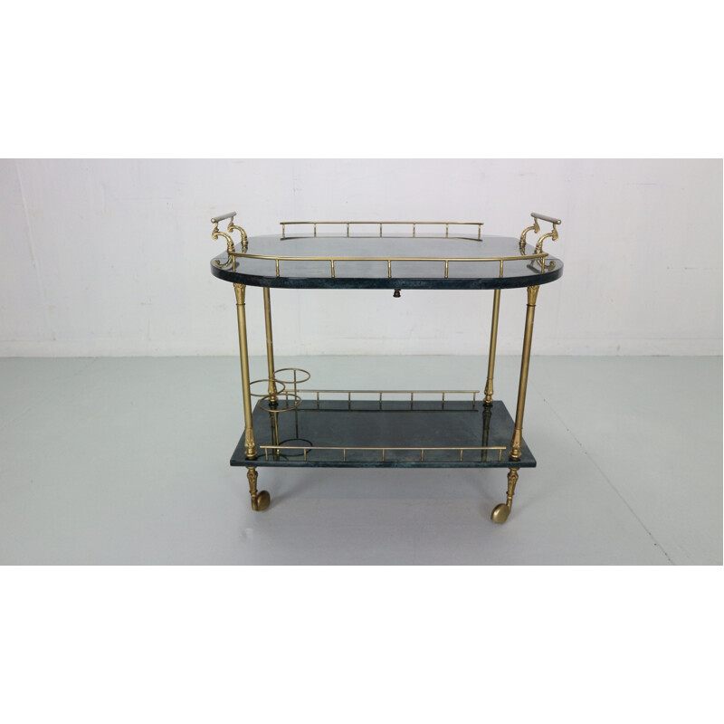 Vintage green lacquered goat skin & brass bar trolley by Aldo Tura, Italy 1950s