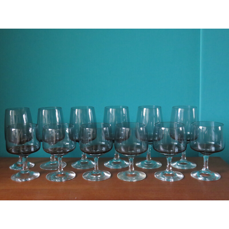 Set of water and wine glasses in blown and smoked crystal - 1960s