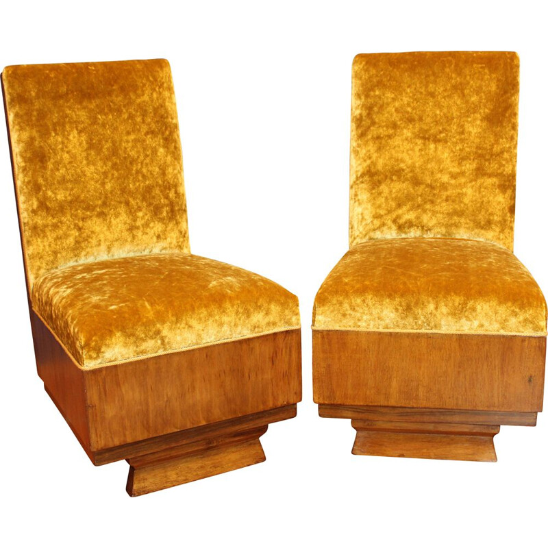 Paire de fauteuils vintage en velours moutarde