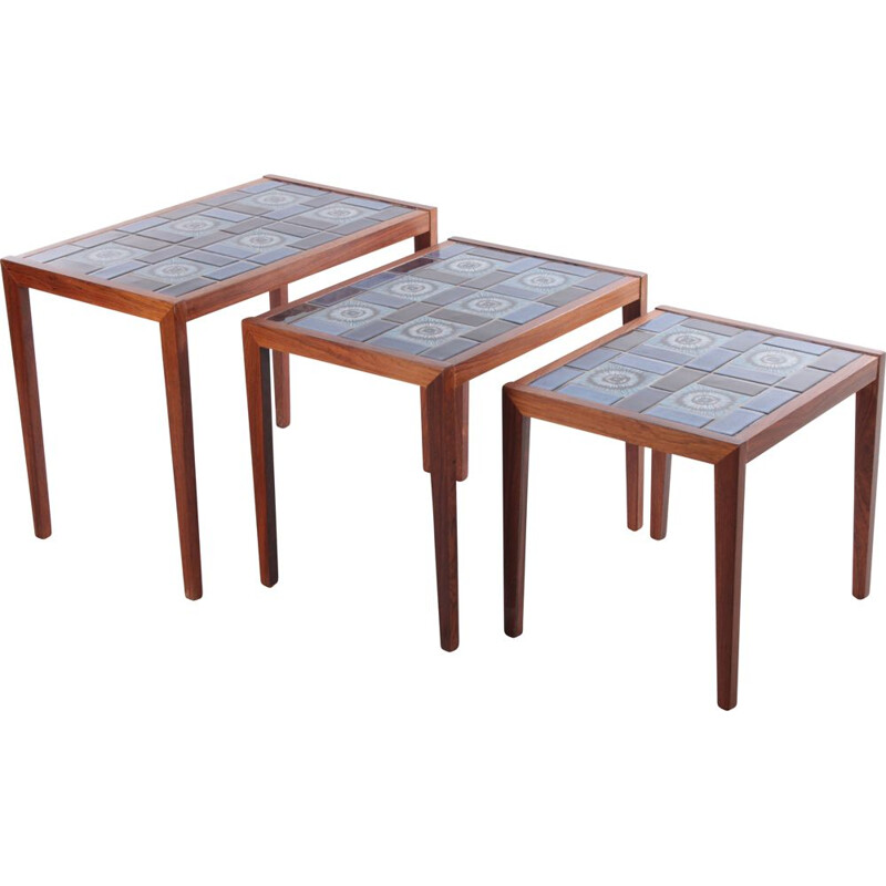 Vintage rosewood nesting tables with ceramic tabletop, Denmark 1960s