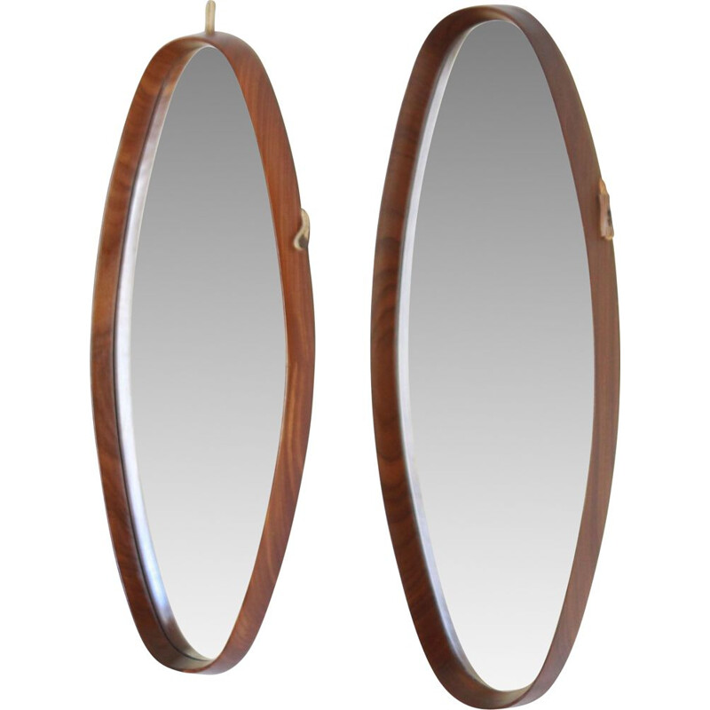 Pair of vintage scandinavian oval teak mirrors, 1960s