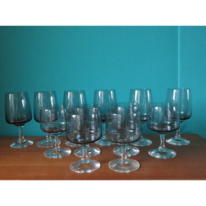 Set of water and wine glasses in blown and smoked crystal - 1960s