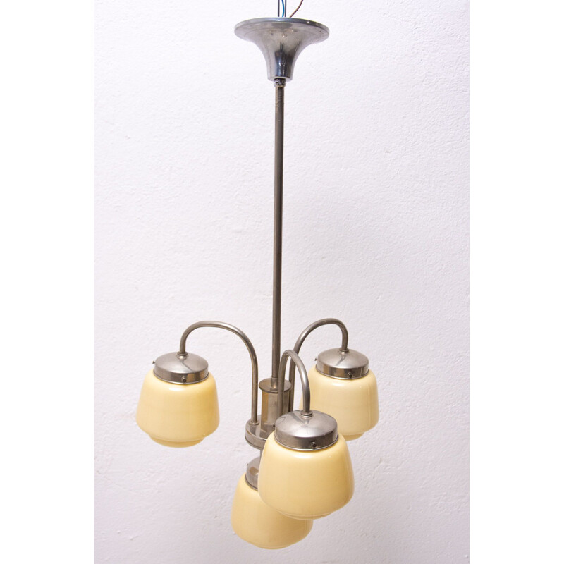 Lampadario vintage a tre bracci in metallo cromato, 1930