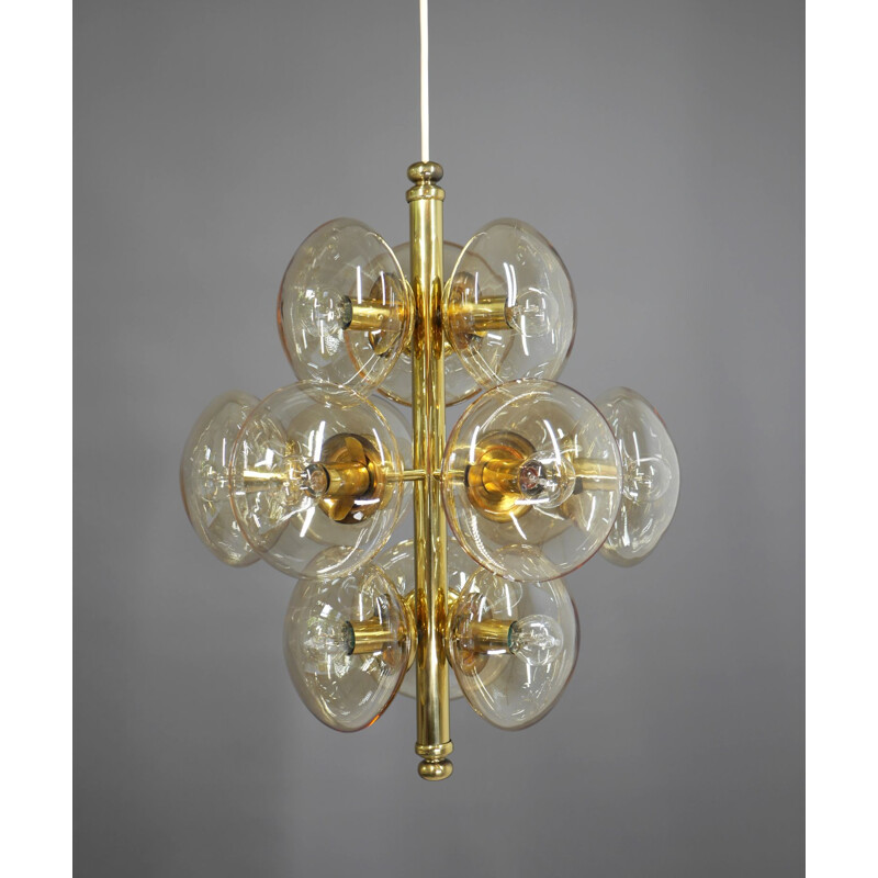 Vintage sputnik chandelier in brass and smoked glass, Germany 1960