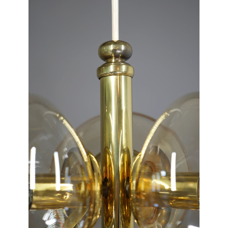 Vintage sputnik chandelier in brass and smoked glass, Germany 1960