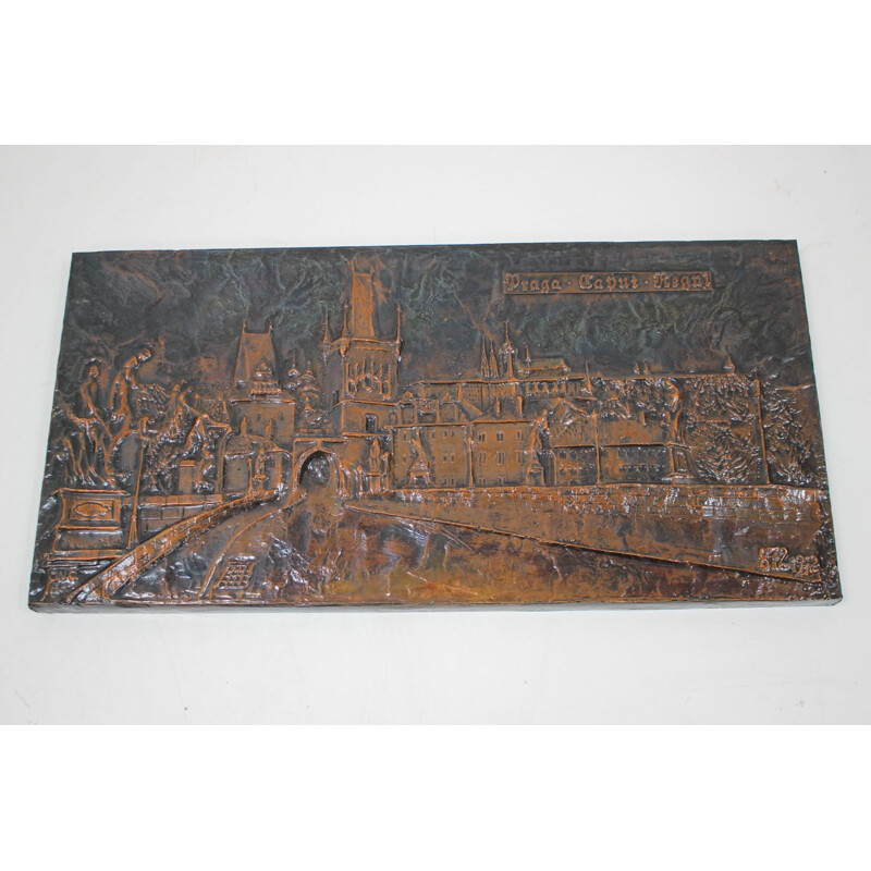 Vintage wall sculpture in copper-plated metal, Czechoslovakia 1972