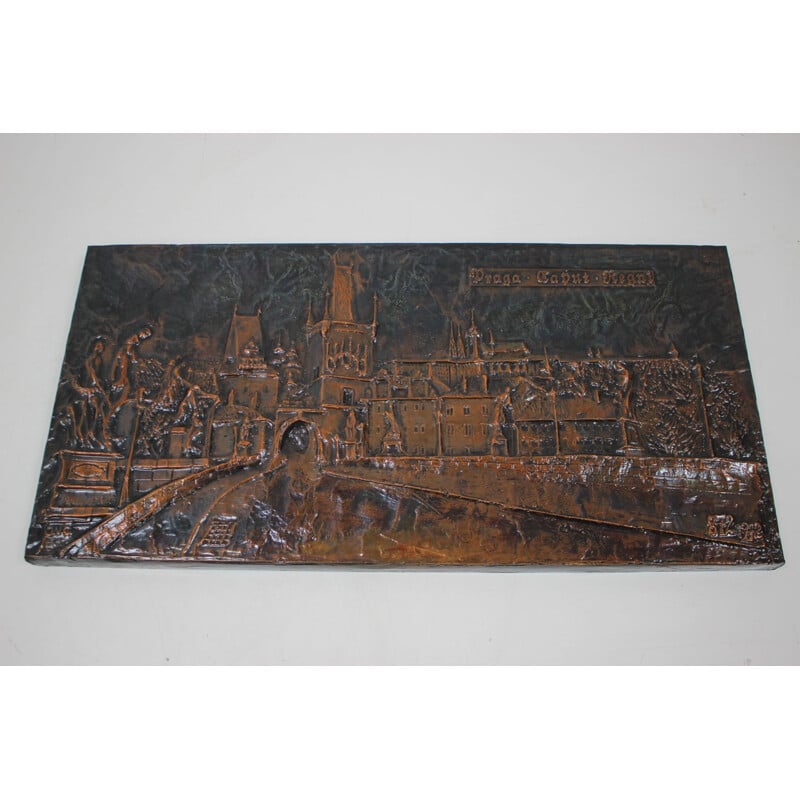 Vintage wall sculpture in copper-plated metal, Czechoslovakia 1972