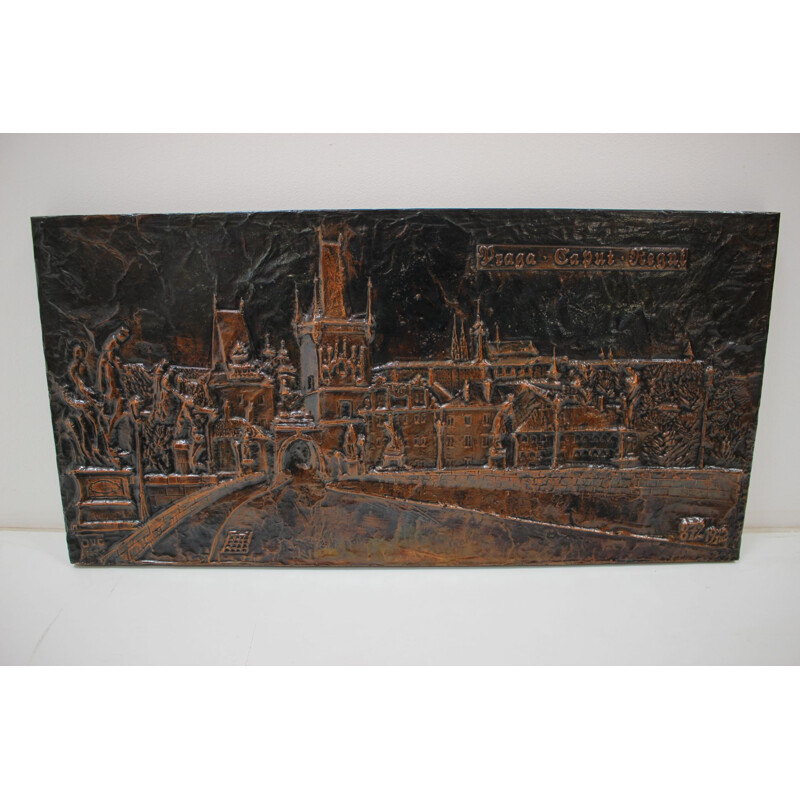 Vintage wall sculpture in copper-plated metal, Czechoslovakia 1972