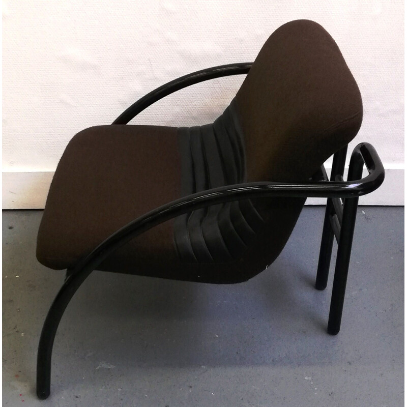 Vintage Airborne armchair in brown fabric and black skai stripes