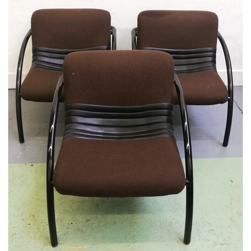 Vintage Airborne armchair in brown fabric and black skai stripes