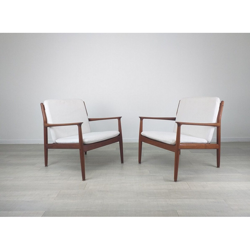 Pair of vintage scandinavian solid teak and fabric armchairs by S.A. Eriksen, 1960