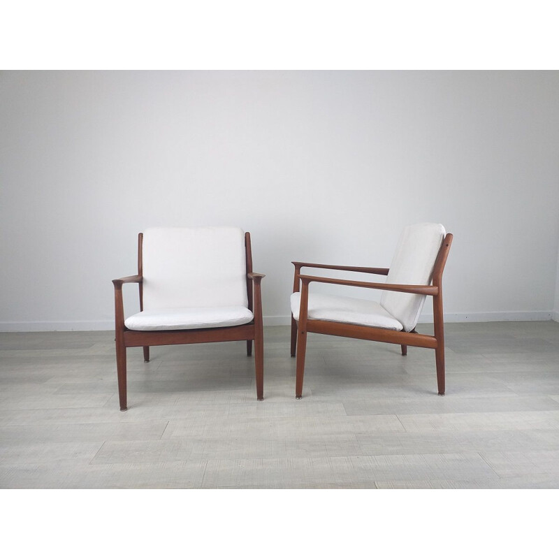 Pair of vintage scandinavian solid teak and fabric armchairs by S.A. Eriksen, 1960