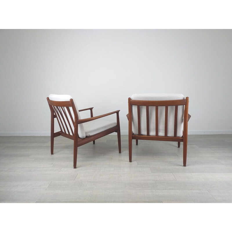 Pair of vintage scandinavian solid teak and fabric armchairs by S.A. Eriksen, 1960