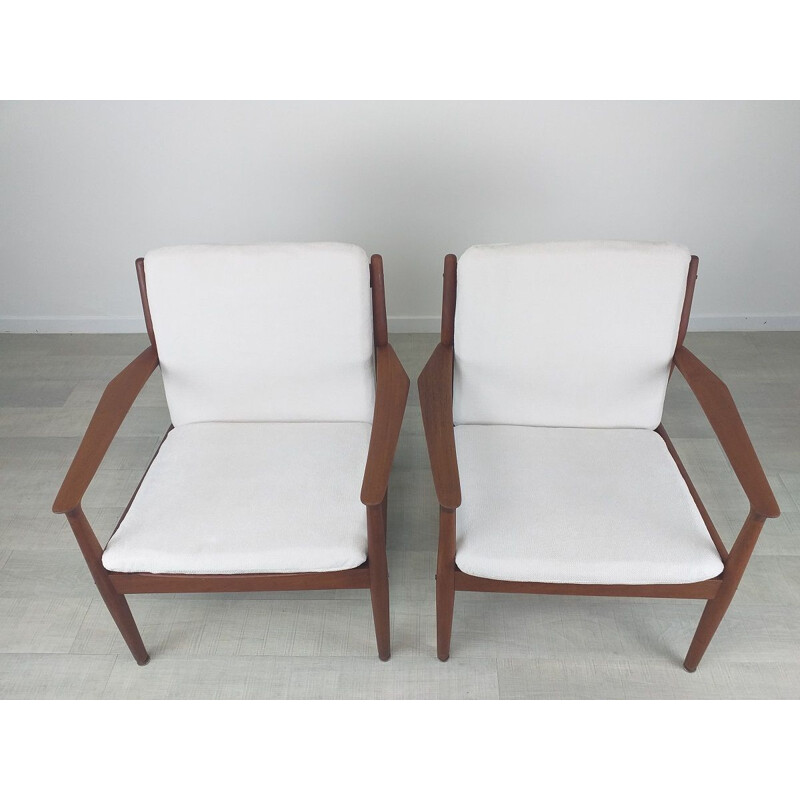 Pair of vintage scandinavian solid teak and fabric armchairs by S.A. Eriksen, 1960