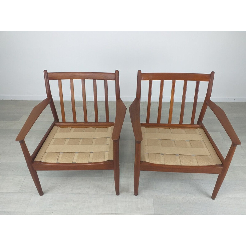 Pair of vintage scandinavian solid teak and fabric armchairs by S.A. Eriksen, 1960