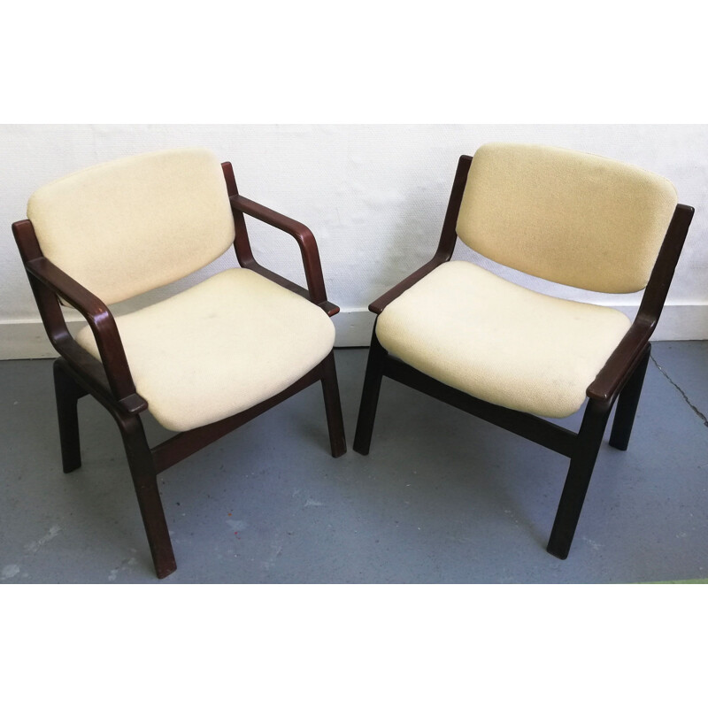 Pair of scandinavian vintage armchairs in wood and wool