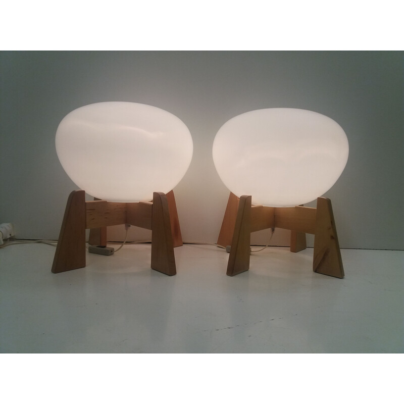 Pair of vintage lamps in opaline glass and wood for Uluv, Czechoslovakia 1960