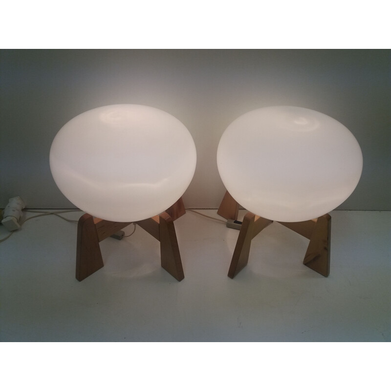 Pair of vintage lamps in opaline glass and wood for Uluv, Czechoslovakia 1960