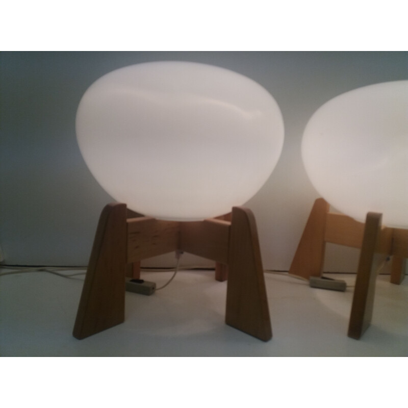 Pair of vintage lamps in opaline glass and wood for Uluv, Czechoslovakia 1960