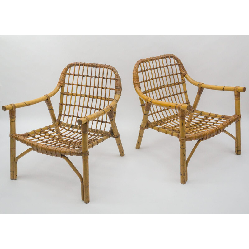 Paar vintage bamboe en rotan fauteuils, Italië 1950