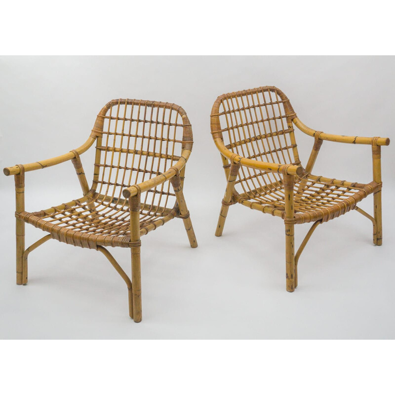 Pair of vintage bamboo and rattan armchairs, Italy 1950