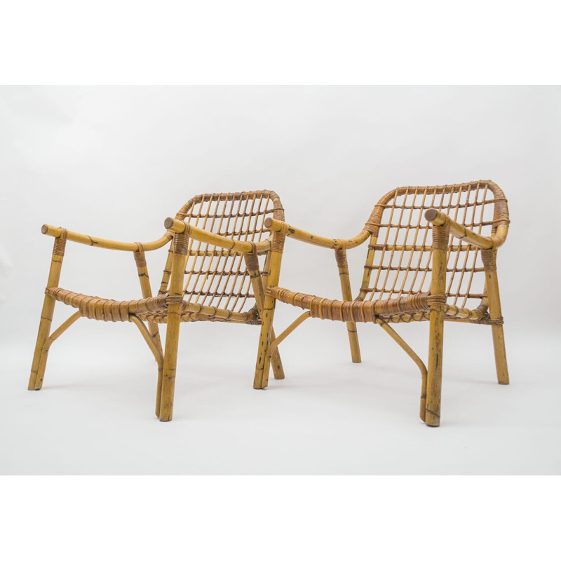 Paar vintage bamboe en rotan fauteuils, Italië 1950