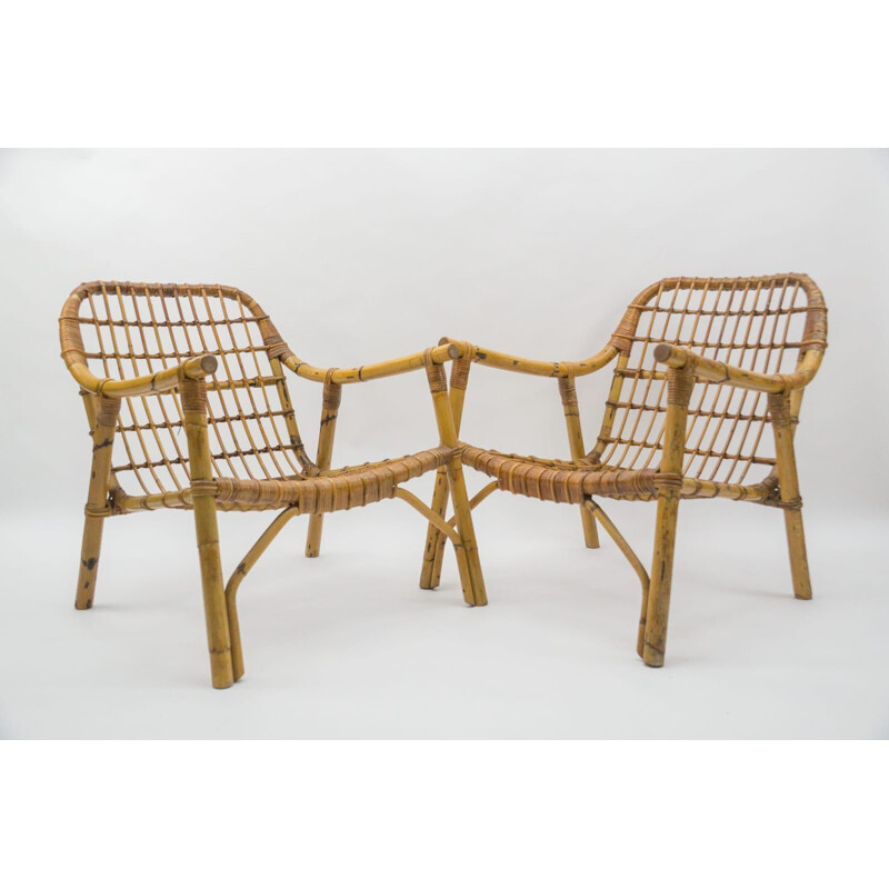 Pareja de sillones vintage de bambú y ratán, Italia 1950