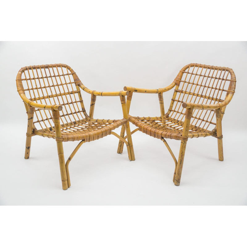 Pair of vintage bamboo and rattan armchairs, Italy 1950