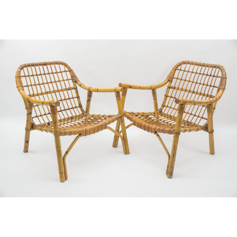 Pareja de sillones vintage de bambú y ratán, Italia 1950