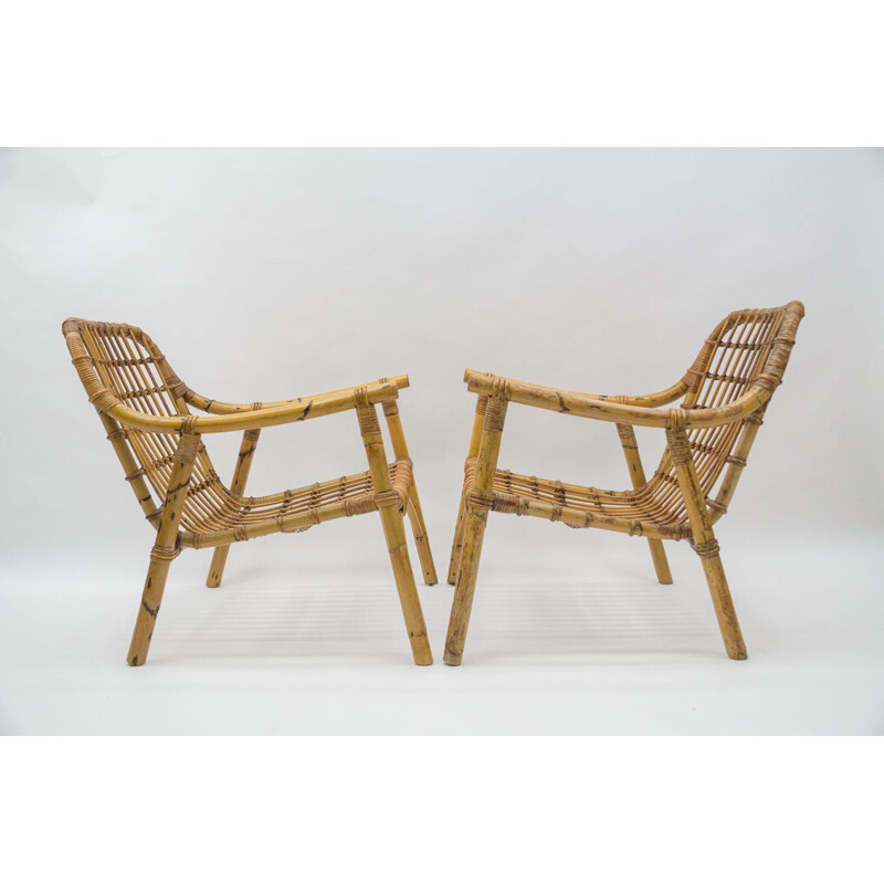 Paire de fauteuils vintage en bambou et rotin, Italie 1950