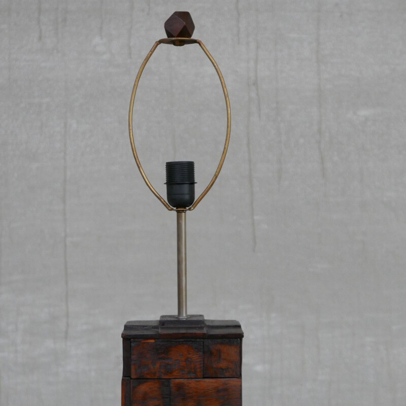 Cubist brutalist mid-century wooden floor lamp, Belgium 1970s