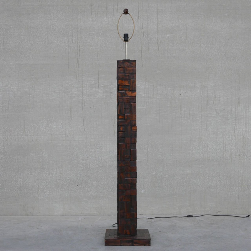 Cubist brutalist mid-century wooden floor lamp, Belgium 1970s