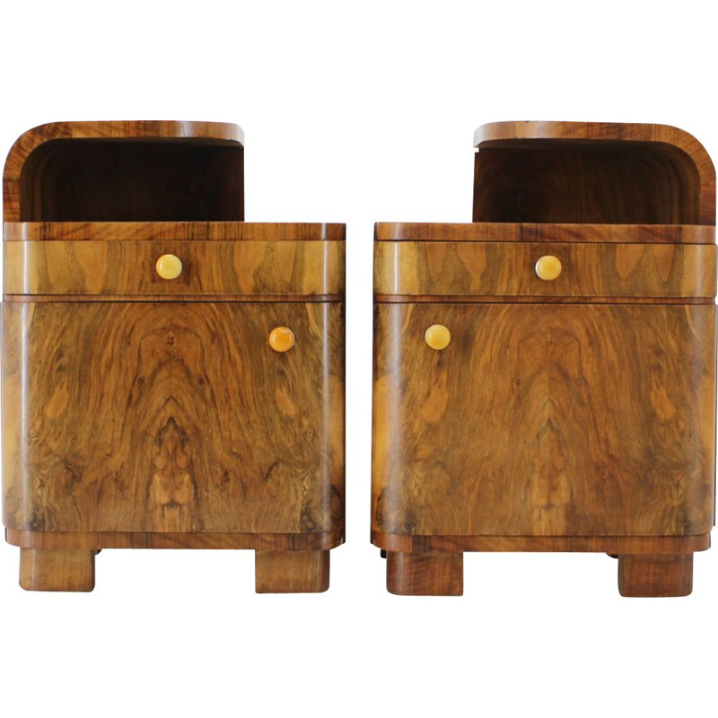 Pair of vintage walnut Art deco night stands, Czechoslovakia 1940s