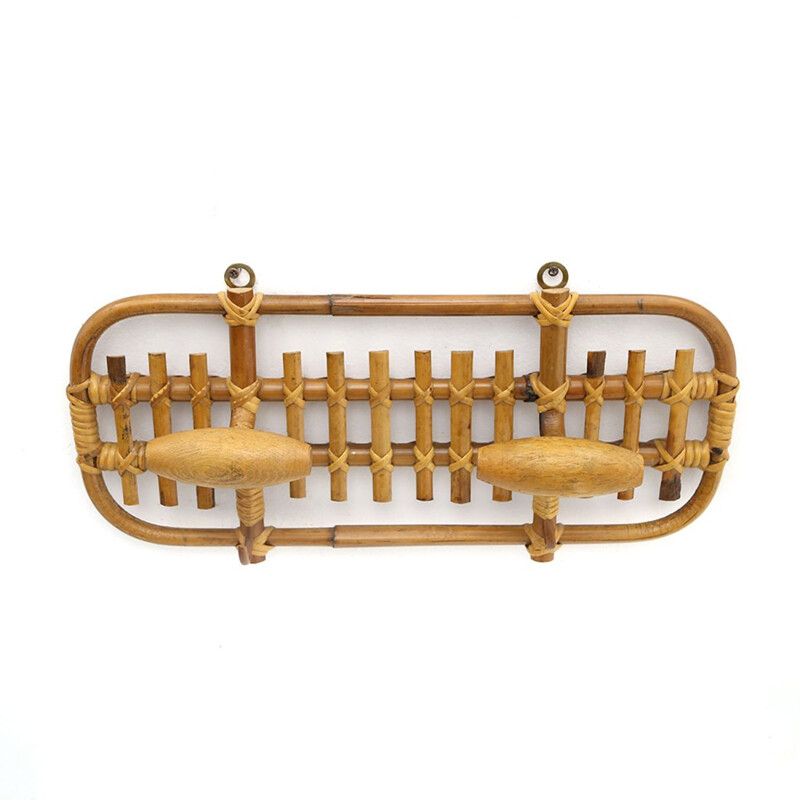 Rattan vintage coat rack with 2 hangers, 1960s