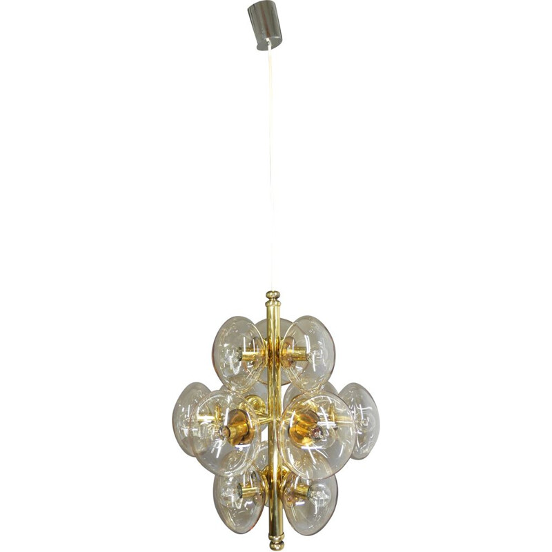 Vintage sputnik chandelier in brass and smoked glass, Germany 1960