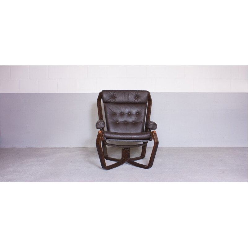 Norwegian "Falcon" chair in plywood and dark brown leather - 1960s