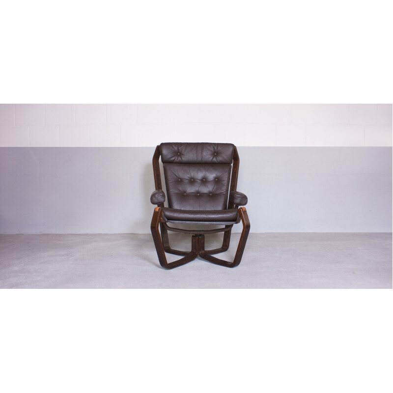 Chaise "Falcon" scandinave en bois contreplaqué et cuir brun - 1960